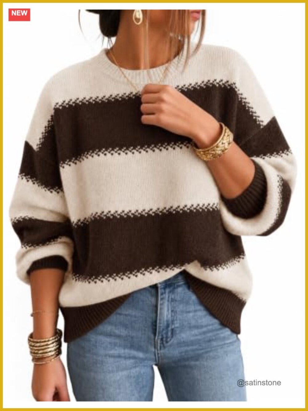 Oversized Striped Long Sleeve Pullover Sweater Cozy Knit Fall Winter